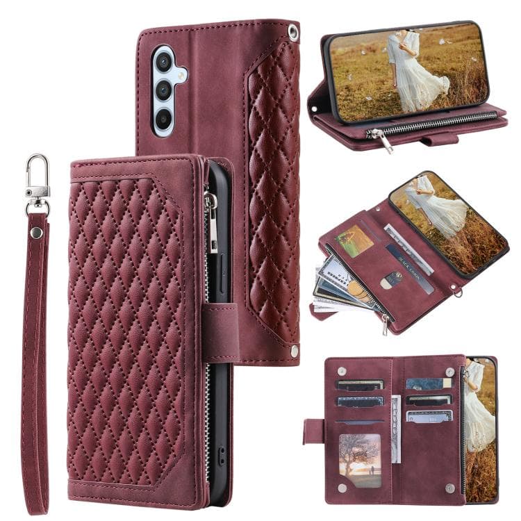 For Samsung Galaxy S26 5G Grid Texture Zipper Leather Phone Case with Lanyard(Wine Red) - Immagine 1