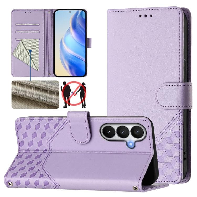 For Samsung Galaxy S26 5G Honeycomb Embossing RFID Leather Phone Case(Light Purple) - Immagine 1