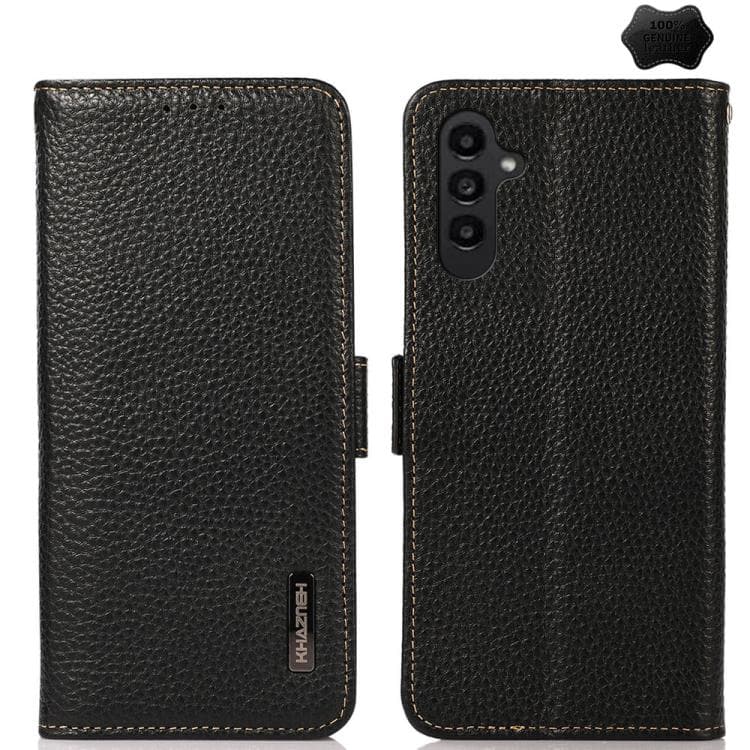 For Samsung Galaxy S26 5G KHAZNEH Side-Magnetic Litchi Genuine Leather RFID Phone Case(Black) - Immagine 1