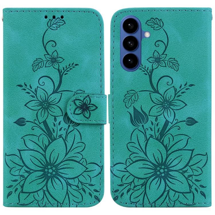 Fondina per telefono in pelle goffrata con giglio per Samsung Galaxy S26 5G (Verde) - Immagine 1