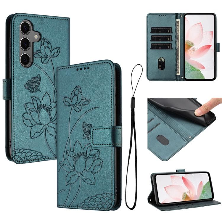 For Samsung Galaxy S26 5G Lotus Embossed Leather Phone Case with Lanyard(Dark Green) - Immagine 1