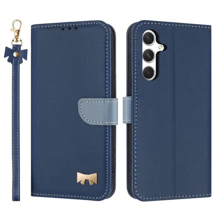 For Samsung Galaxy S26 5G Metal Bow Leather Phone Case with Hand Strap(Dark Blue) - Immagine 1