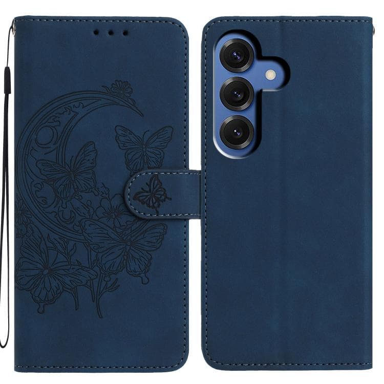 For Samsung Galaxy S26 5G Moonlit Butterfly Dance Pattern Embossed Leather Phone Case(Navy Blue) - Immagine 1