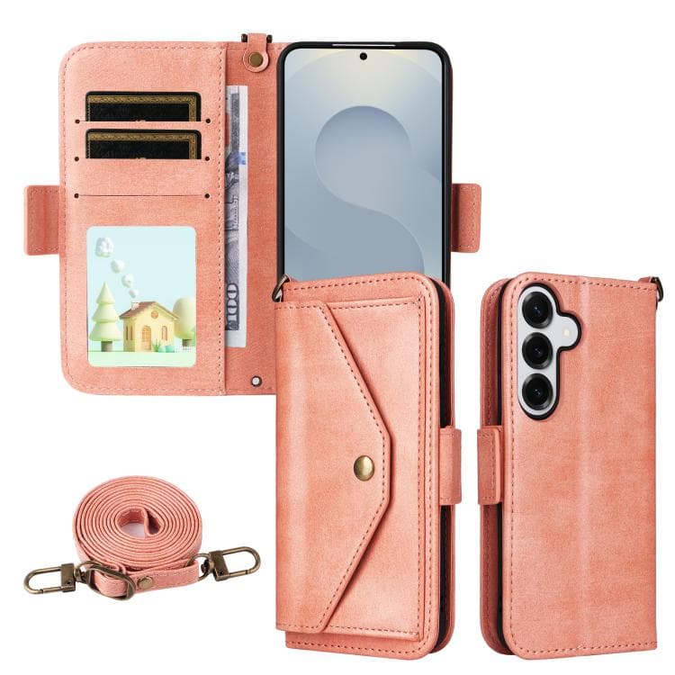 For Samsung Galaxy S26 5G Multi-card Slots Crossbody Cowhide Leather Phone Case(Pink) - Immagine 1