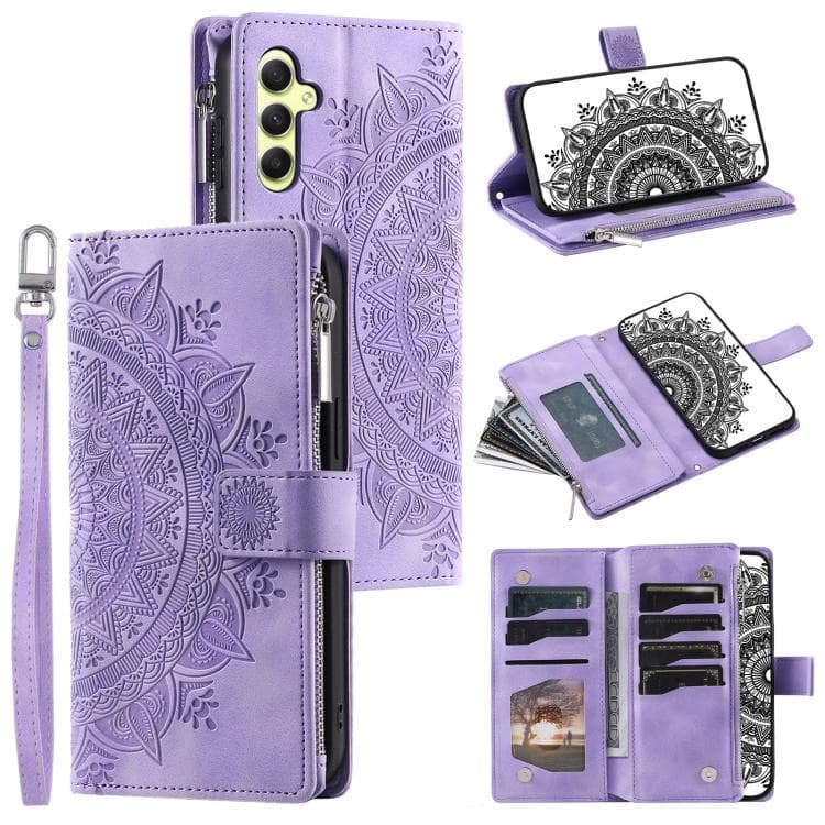 For Samsung Galaxy S26 5G Multi-Card Totem Zipper Leather Phone Case(Purple) - Immagine 1