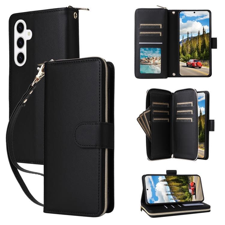 For Samsung Galaxy S26 5G Nine-card Slots Zipper Wallet Bag Leather Phone Case(Black) - Immagine 1