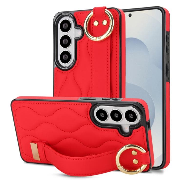 For Samsung Galaxy S26 5G Non-slip Full Coverage Ring PU Phone Case with Wristband(Red) - Immagine 1