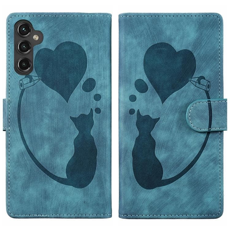 For Samsung Galaxy S26 5G Pen Heart Cat Embossed Leather Phone Case(Blue) - Immagine 1