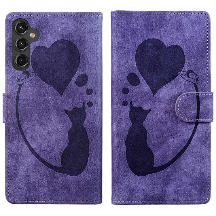 For Samsung Galaxy S26 5G Pen Heart Cat Embossed Leather Phone Case(Purple) - Immagine 1