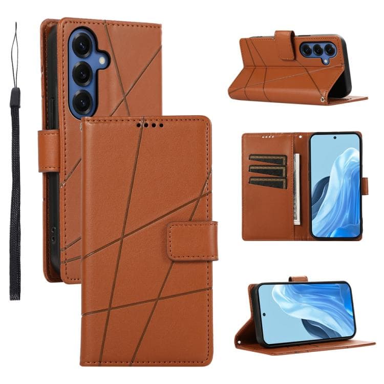 For Samsung Galaxy S26 5G PU Genuine Leather Texture Embossed Line Phone Case(Brown) - Immagine 1