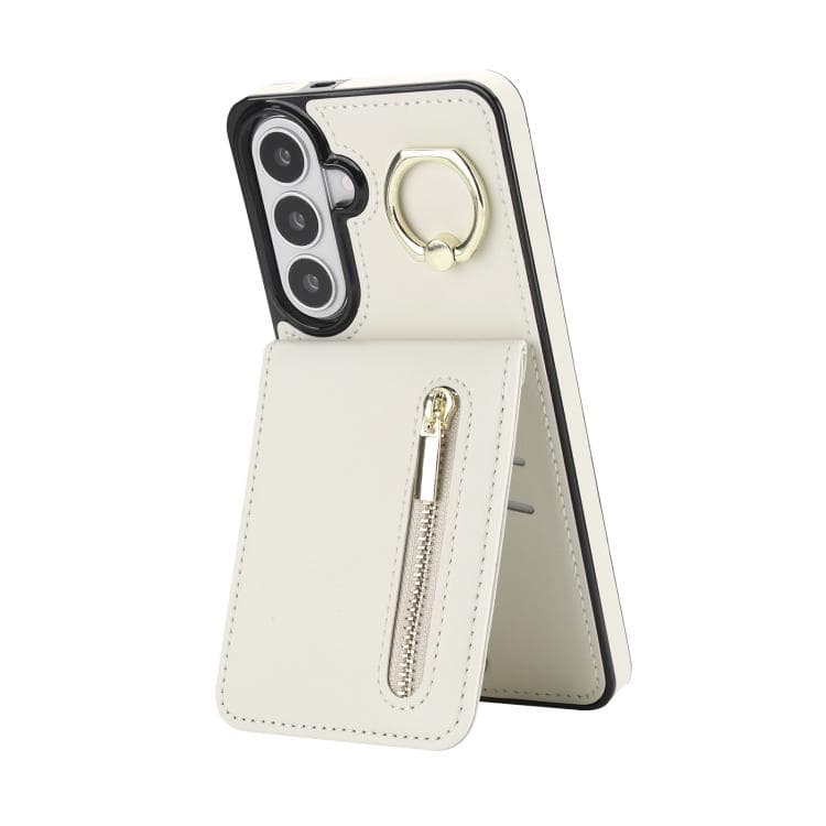 Custodia per telefono con anello retrò e slot per carta RFID per Samsung Galaxy S26 5G (Beige) - Immagine 1