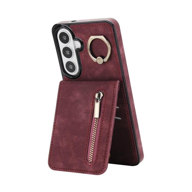 Custodia per telefono con anello retrò e slot per carta RFID con cerniera per Samsung Galaxy S26 5G (Rosso vino) - Immagine 1