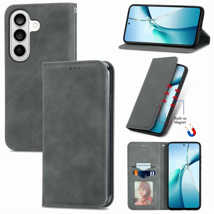 For Samsung Galaxy S26 5G Retro Skin Feel Magnetic Leather Phone Case(Gray) - Immagine 1