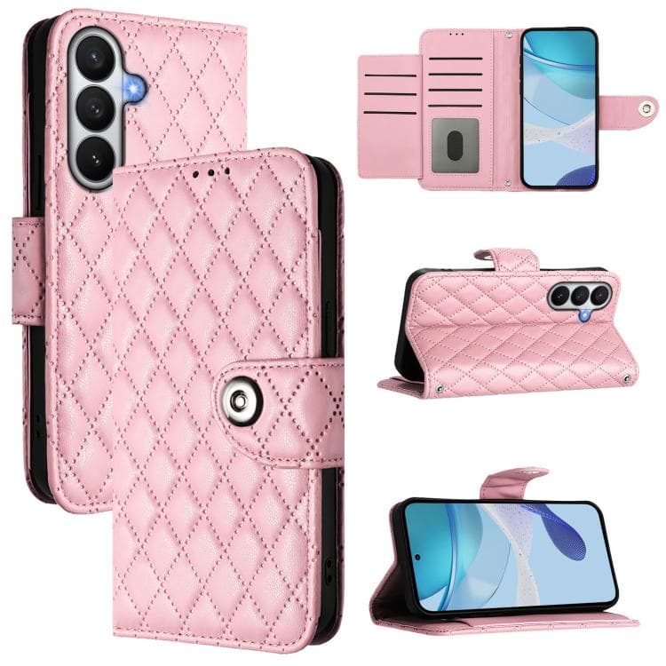 Fodero in pelle flip con texture rombica e laccetto per Samsung Galaxy S26 5G (Rosa) - Immagine 1