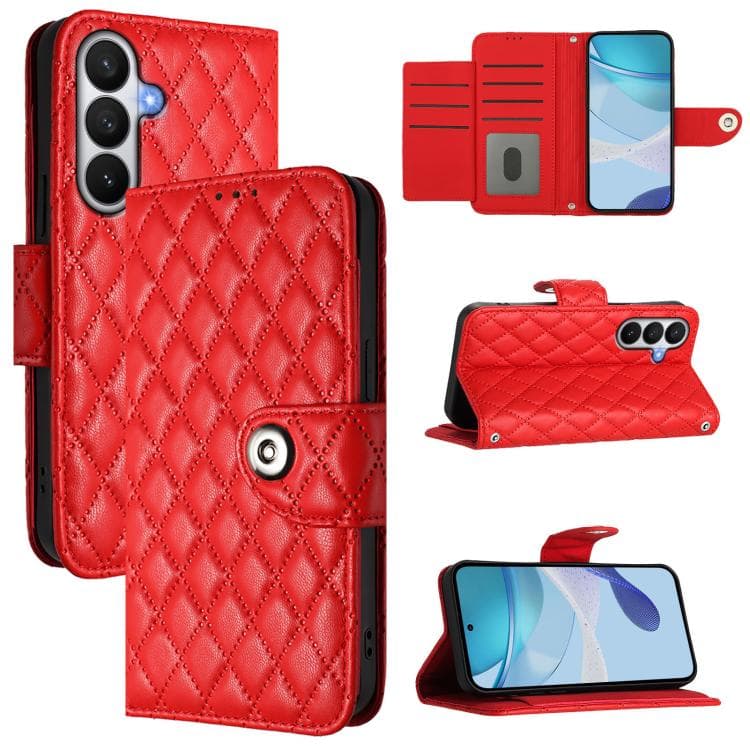 Custodia in pelle flip con texture rombica e laccetto per Samsung Galaxy S26 5G (Rosso) - Immagine 1