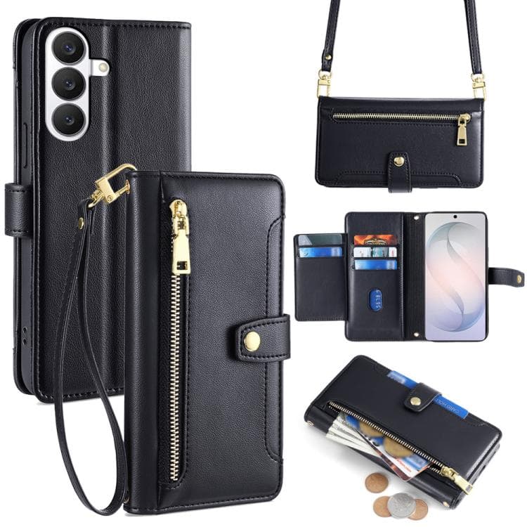 For Samsung Galaxy S26 5G Sheep Texture Cross-body Zipper Wallet Leather Phone Case(Black) - Immagine 1