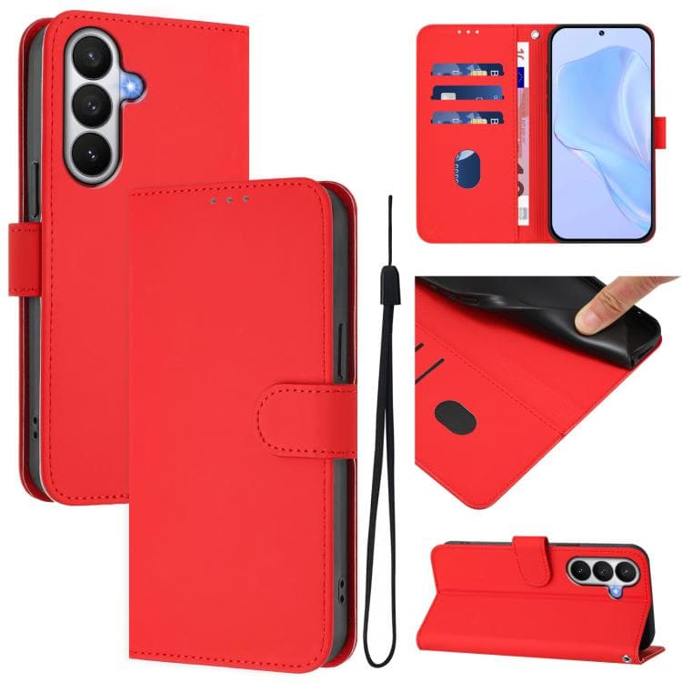 For Samsung Galaxy S26 5G Skin Feel Solid Color Leather Phone Case with Lanyard(Red) - Immagine 1
