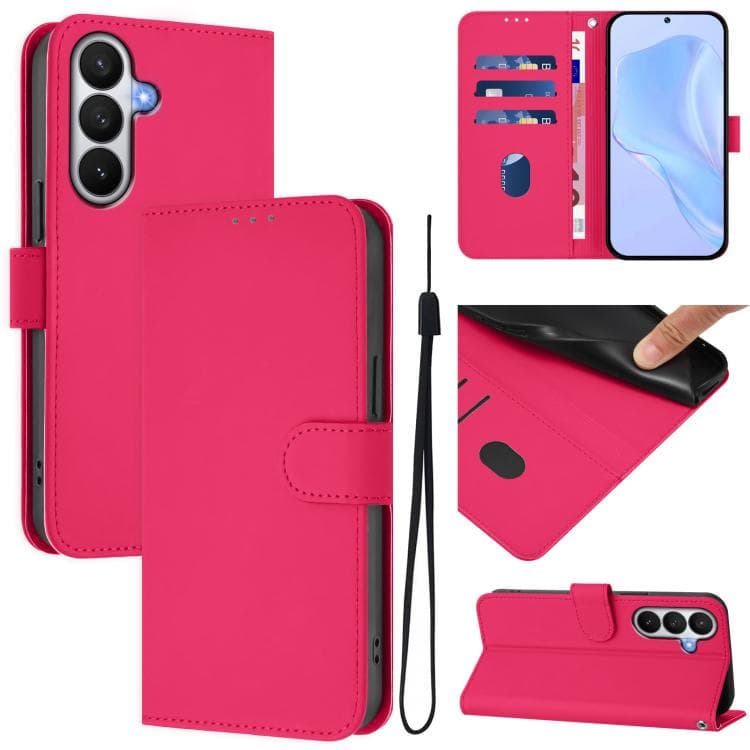 For Samsung Galaxy S26 5G Skin Feel Solid Color Leather Phone Case with Lanyard(Rose Red) - Immagine 1