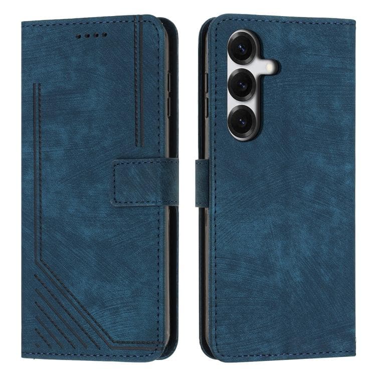 For Samsung Galaxy S26 5G Skin Feel Stripe Pattern Leather Phone Case with Lanyard(Blue) - Immagine 1