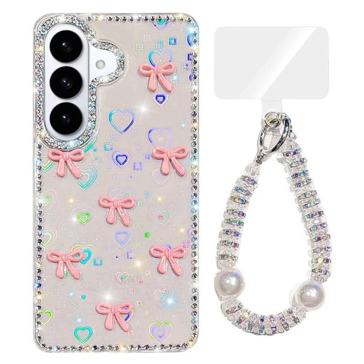 For Samsung Galaxy S26 5G Sparkling IMD Colorful Bow Phone Case with Bracelet(Love Transparent) - Immagine 1