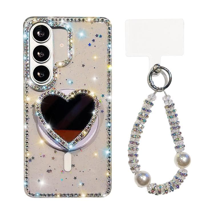 For Samsung Galaxy S26 5G Sparkling IMD Heart-Shaped Mirror Magnetic Phone Case with Bracelet(Glitter Star) - Immagine 1