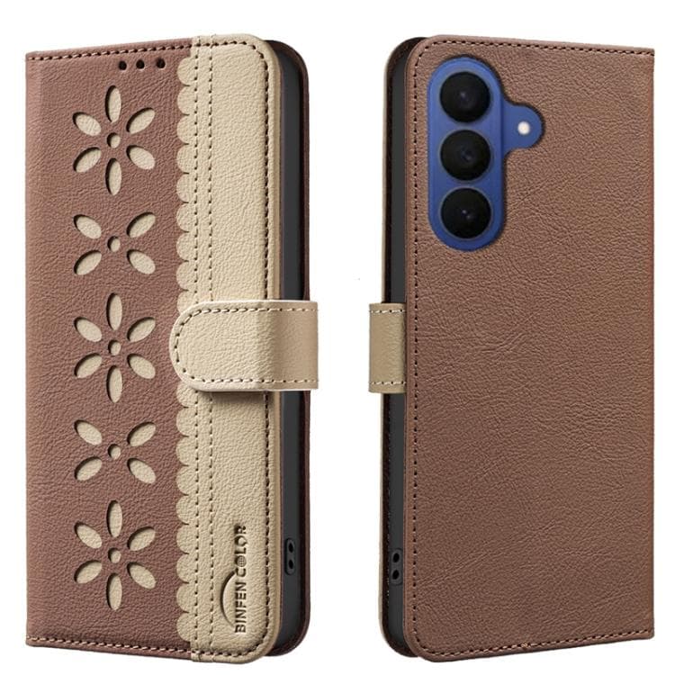 For Samsung Galaxy S26 5G Splicing Color Hollow Flower Pattern RFID Leather Phone Case(Brown) - Immagine 1