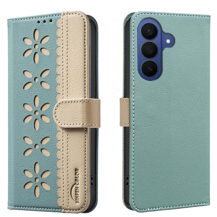 For Samsung Galaxy S26 5G Splicing Color Hollow Flower Pattern RFID Leather Phone Case(Green) - Immagine 1