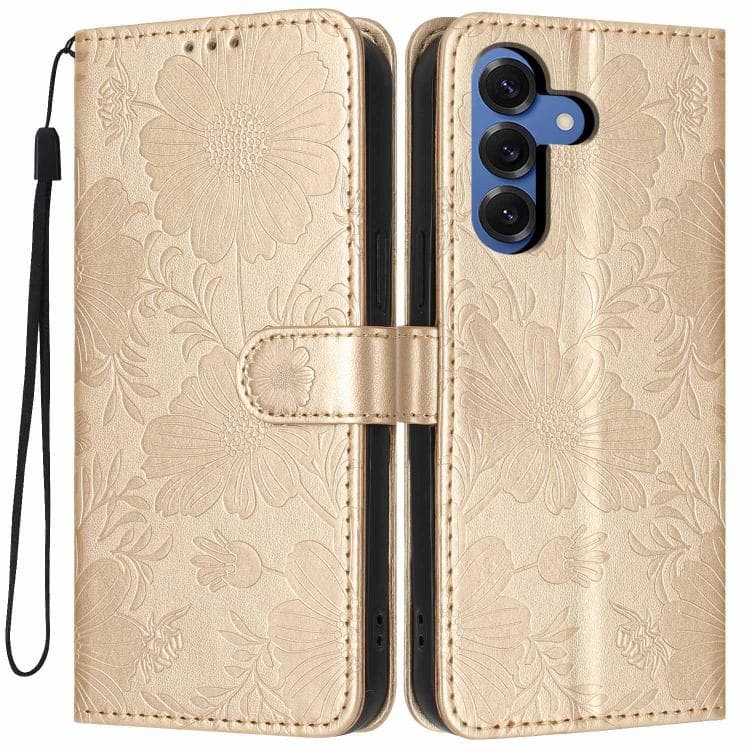 For Samsung Galaxy S26 5G Sunflower Embossed Vegan Leather Phone Case with Small Black Rope(Gold) - Immagine 1