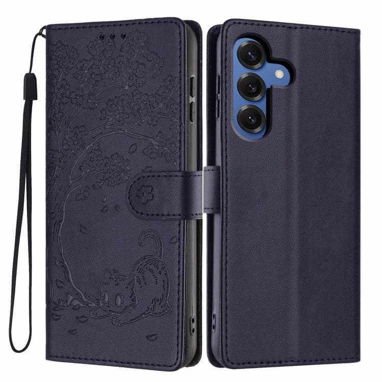 For Samsung Galaxy S26 5G Tree Cat Embossed Flip Vegan Leather Phone Case(Dark Blue) - Immagine 1