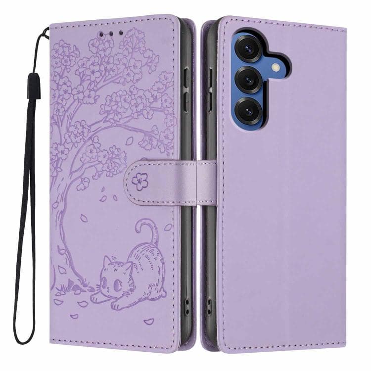 For Samsung Galaxy S26 5G Tree Cat Embossed Flip Vegan Leather Phone Case(Purple) - Immagine 1