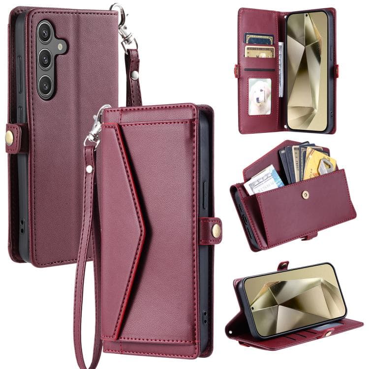 For Samsung Galaxy S26 5G Wallet Multi-card Slot Leather Phone Case with Lanyard(Wine Red) - Immagine 1