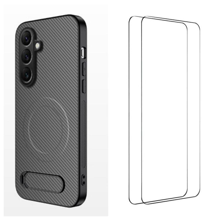 For Samsung Galaxy S26 5G WANLONFENG Kickstand Carbon Fiber Texture Magnetic Phone Case with 2pcs Screen Films(Grey) - Immagine 1