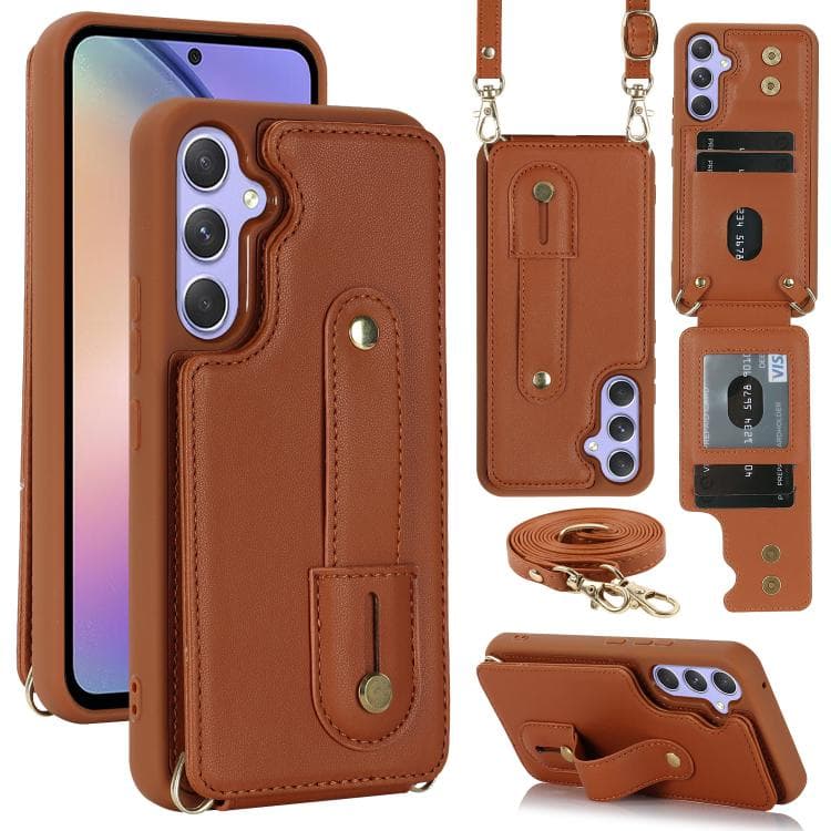 For Samsung Galaxy S26 5G Wristband Vertical Flip Wallet Back Cover Phone Case with Long Lanyard(Brown) - Immagine 1