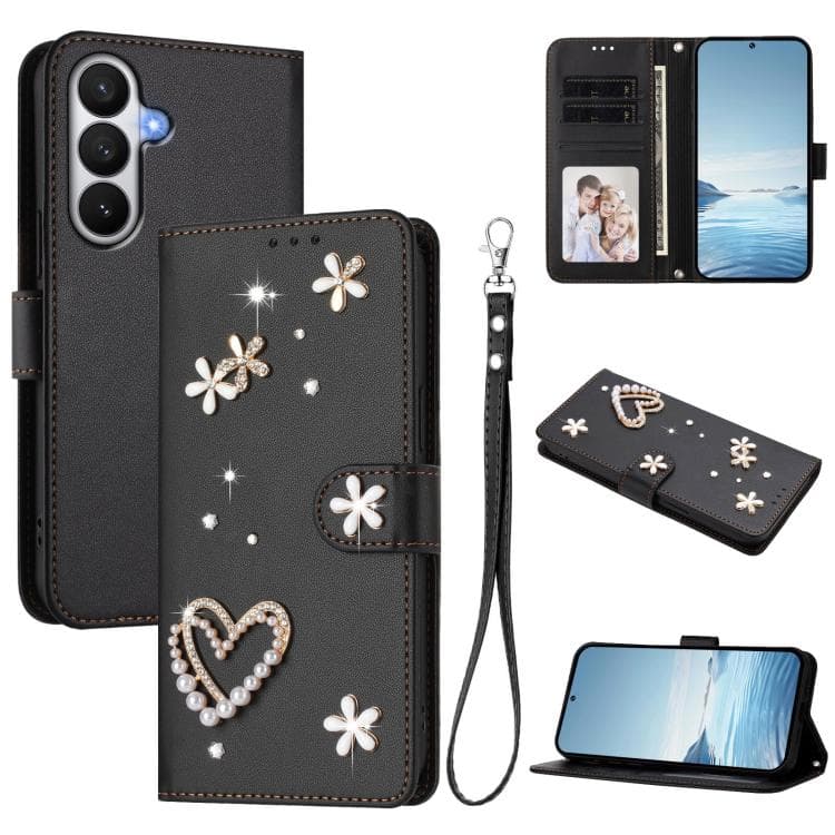 For Samsung Galaxy S26 5G ZS01 Double-Layer Heart Floral Vegan Leather Phone Case with Wrist Strap(Black) - Immagine 1