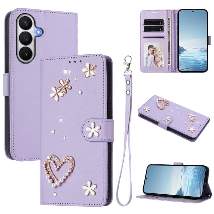 For Samsung Galaxy S26 5G ZS01 Double-Layer Heart Floral Vegan Leather Phone Case with Wrist Strap(Light Purple) - Immagine 1