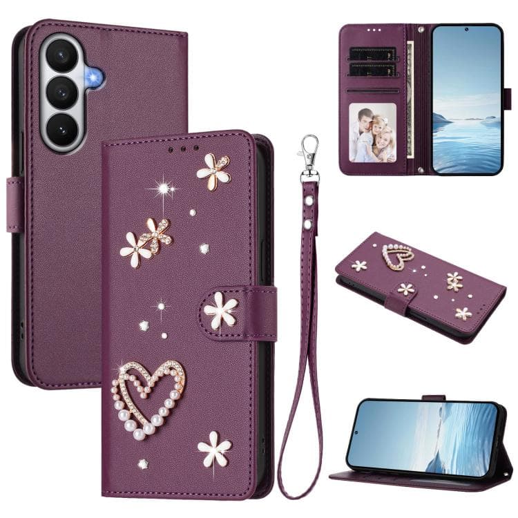 For Samsung Galaxy S26 5G ZS01 Double-Layer Heart Floral Vegan Leather Phone Case with Wrist Strap(Violet) - Immagine 1