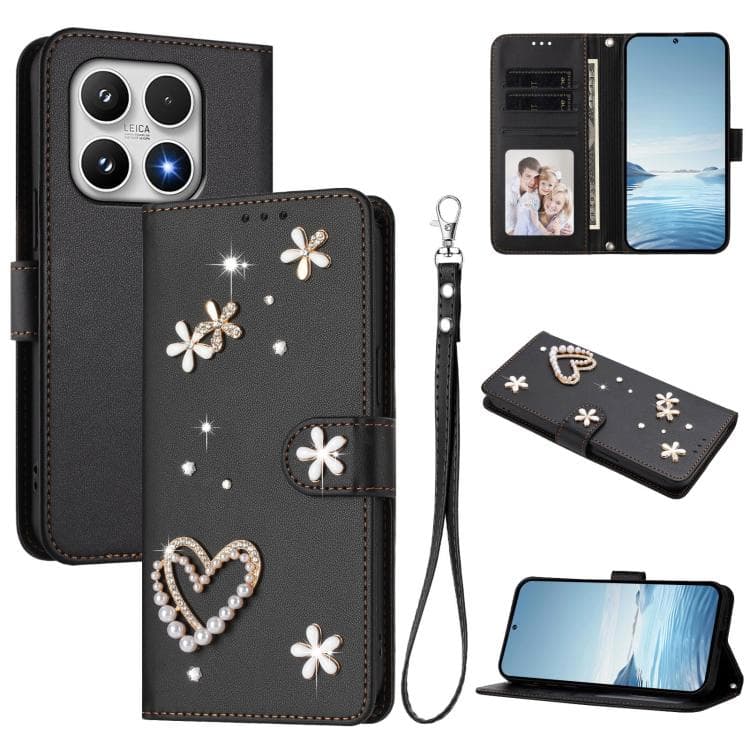 For Xiaomi 17 5G ZS01 Double-Layer Heart Floral Vegan Leather Phone Case with Wrist Strap(Black) - Immagine 1