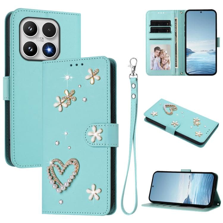 For Xiaomi 17 5G ZS01 Double-Layer Heart Floral Vegan Leather Phone Case with Wrist Strap(Mint Green) - Immagine 1