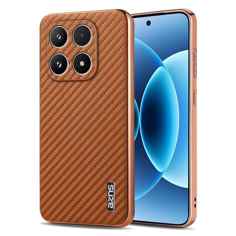 For Xiaomi 17 AZNS Electroplated Edge Carbon Fiber Texture Phone Case(Brown) - Immagine 1