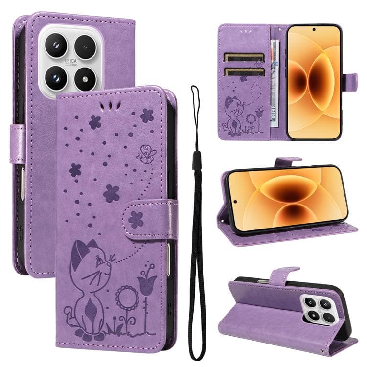 For Xiaomi 17 Cat and Bee Embossed Flip Leather Phone Case(Purple) - Immagine 1