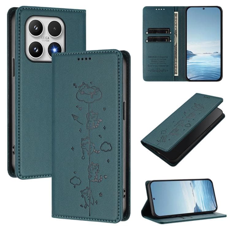 For Xiaomi 17 Cute Cats Embossed Magnetic RFID Vegan Leather Phone Case(Peacock Green) - Immagine 1