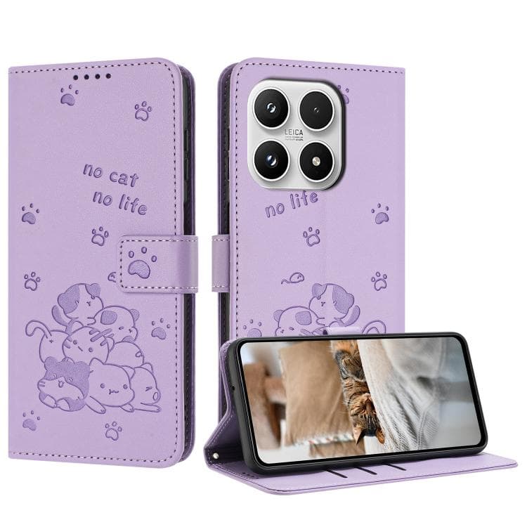 For Xiaomi 17 Embossed Kitten Phone Leather Case with Lanyard(Purple) - Immagine 1