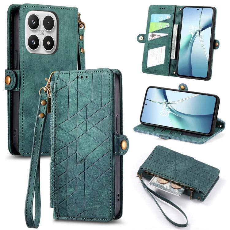 For Xiaomi 17 Geometric Zipper Wallet Side Buckle Leather Phone Case(Green) - Immagine 1