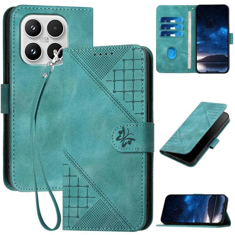 For Xiaomi 17 Grid Butterfly Embossed Pattern Leather Phone Case with Lanyard(Light Blue) - Immagine 1