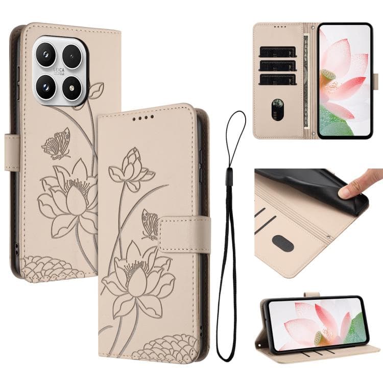 For Xiaomi 17 Lotus Embossed Leather Phone Case with Lanyard(Beige) - Immagine 1