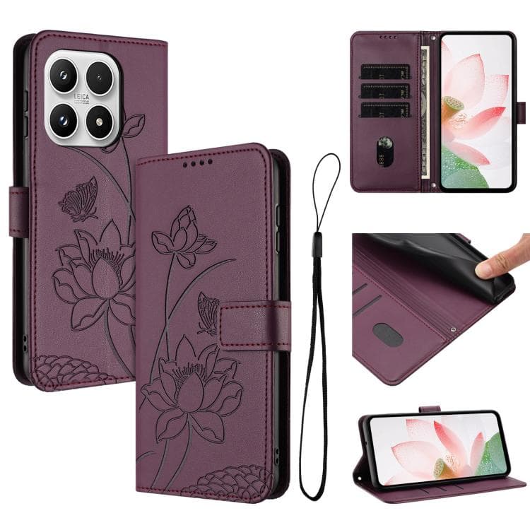 For Xiaomi 17 Lotus Embossed Leather Phone Case with Lanyard(Wine Red) - Immagine 1