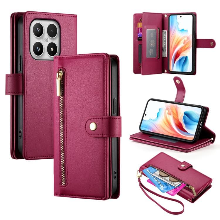 For Xiaomi 17 Nine Card-slot Zipper Wallet Bag Leather Phone Case(Red) - Immagine 1