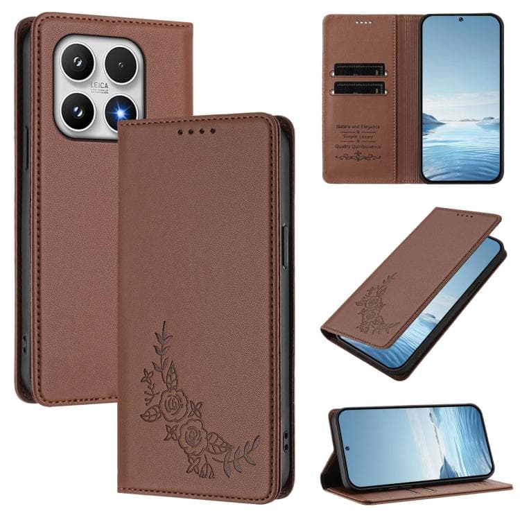 For Xiaomi 17 Peony Embossed Magnetic RFID Vegan Leather Phone Case(Brown) - Immagine 1