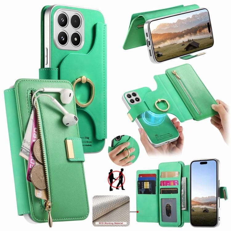 For Xiaomi 17 Precision Hole Silver-Edged Ring RFID Blocking Zipper Wallet Magnetic Vegan Leather Phone Case(Green) - Immagine 1
