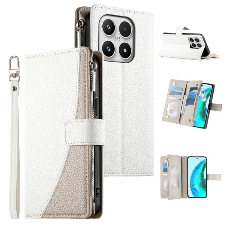 For Xiaomi 17 Stitching Multi-card Zipper Wallet Leather Phone Case with Short Strap(White) - Immagine 1